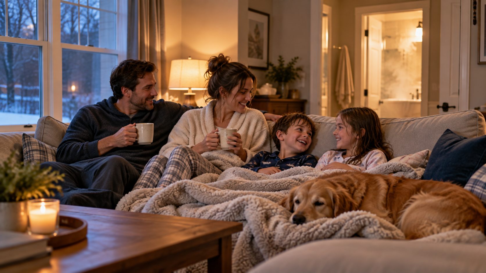 A family in pajamas relaxing on a couch with mugs and a golden retriever on a snowy evening