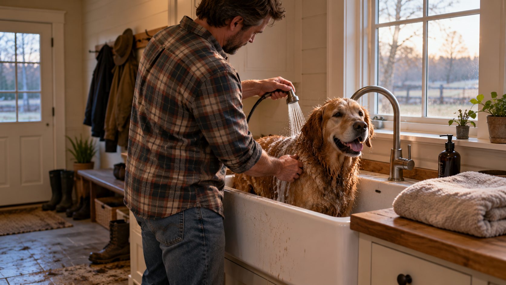 A man rinsing a muddy golden retriever with warm water in a farmhouse mudroom sink