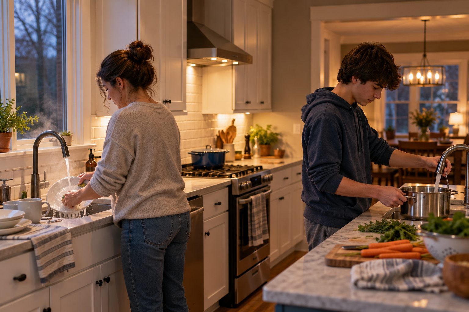 A parent rinsing dishes at the sink while a teenager fills a pot at the kitchen island