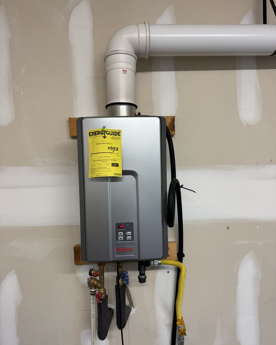 Front of a propane tankless water heater with its yellow EnergyGuide label