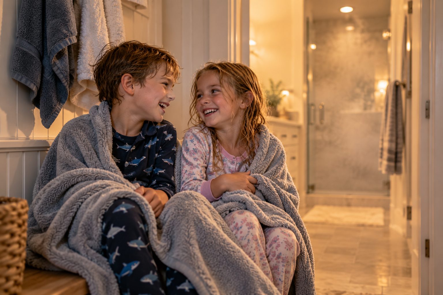Two kids in pajamas wrapped in a blanket, laughing after bath time